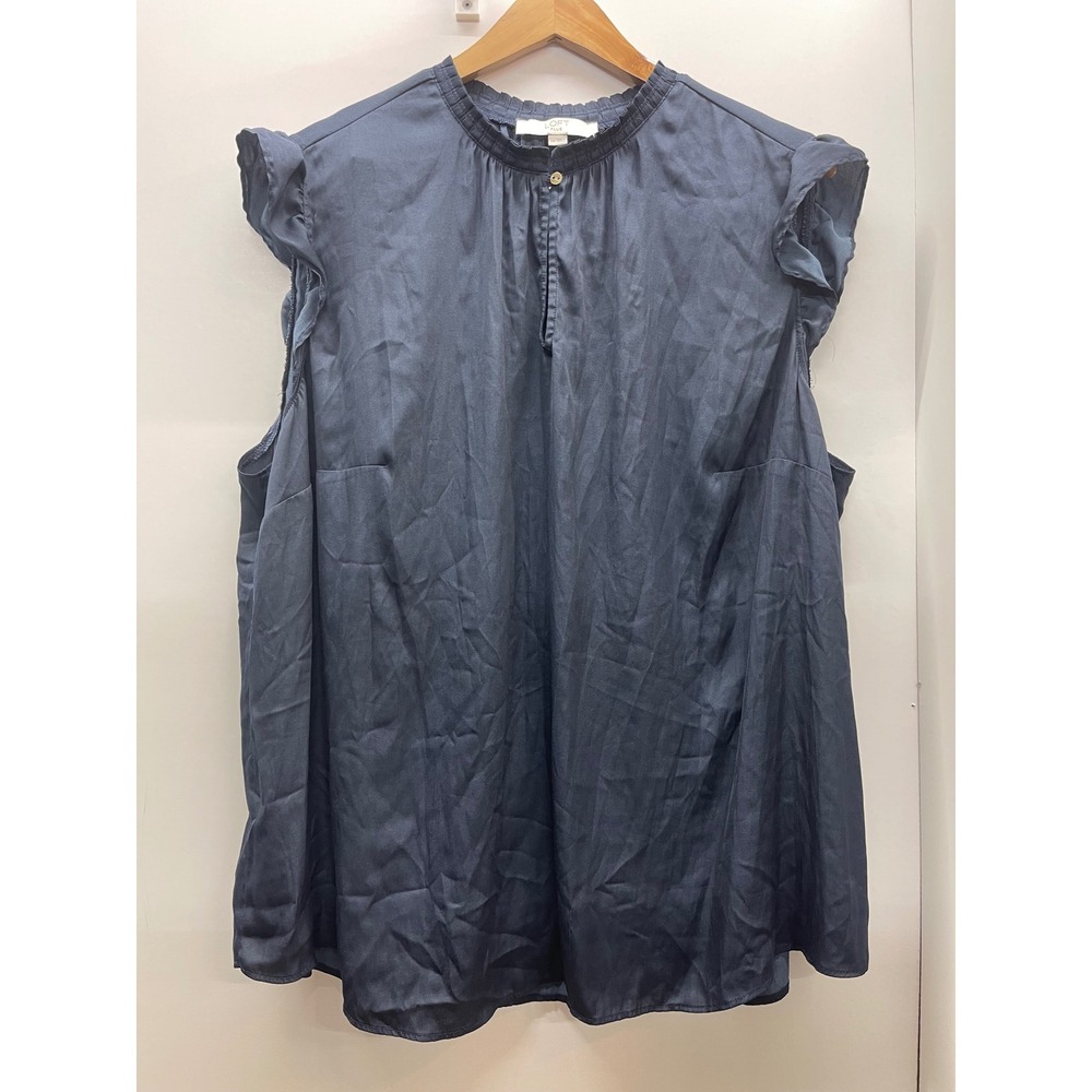 Loft Plus Womens 24 Navy Blue Ruffle Sleeve Mock Neck Blouse Top